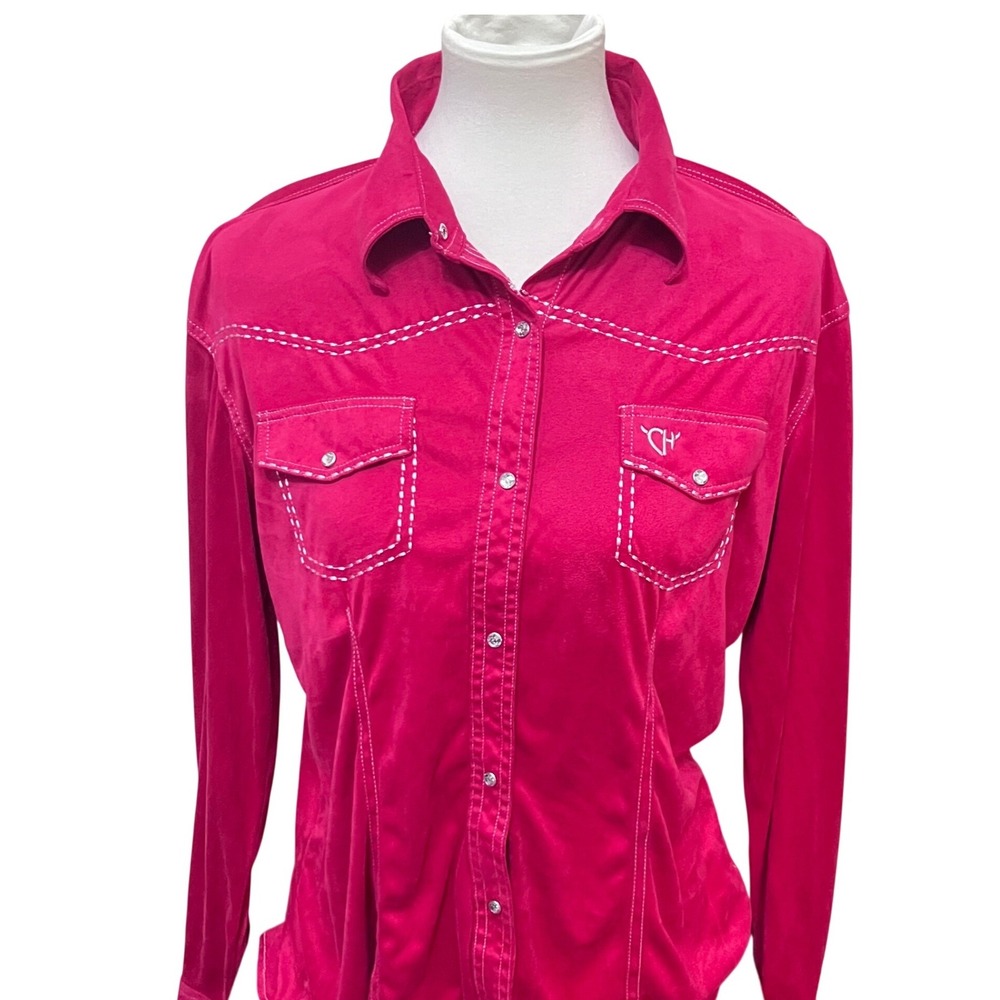 Cowgirl Hardware WMN Top Hot Pink Western Snap Shirt Rhinestone Faux Suede Large